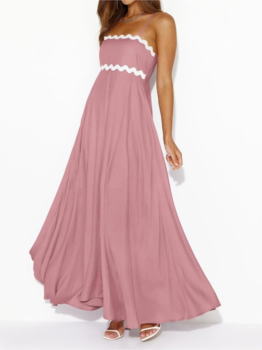 〽️Women's Grey Pink Spaghetti Strap Casual Sleeveless Smocked Boho Maxi Dress
